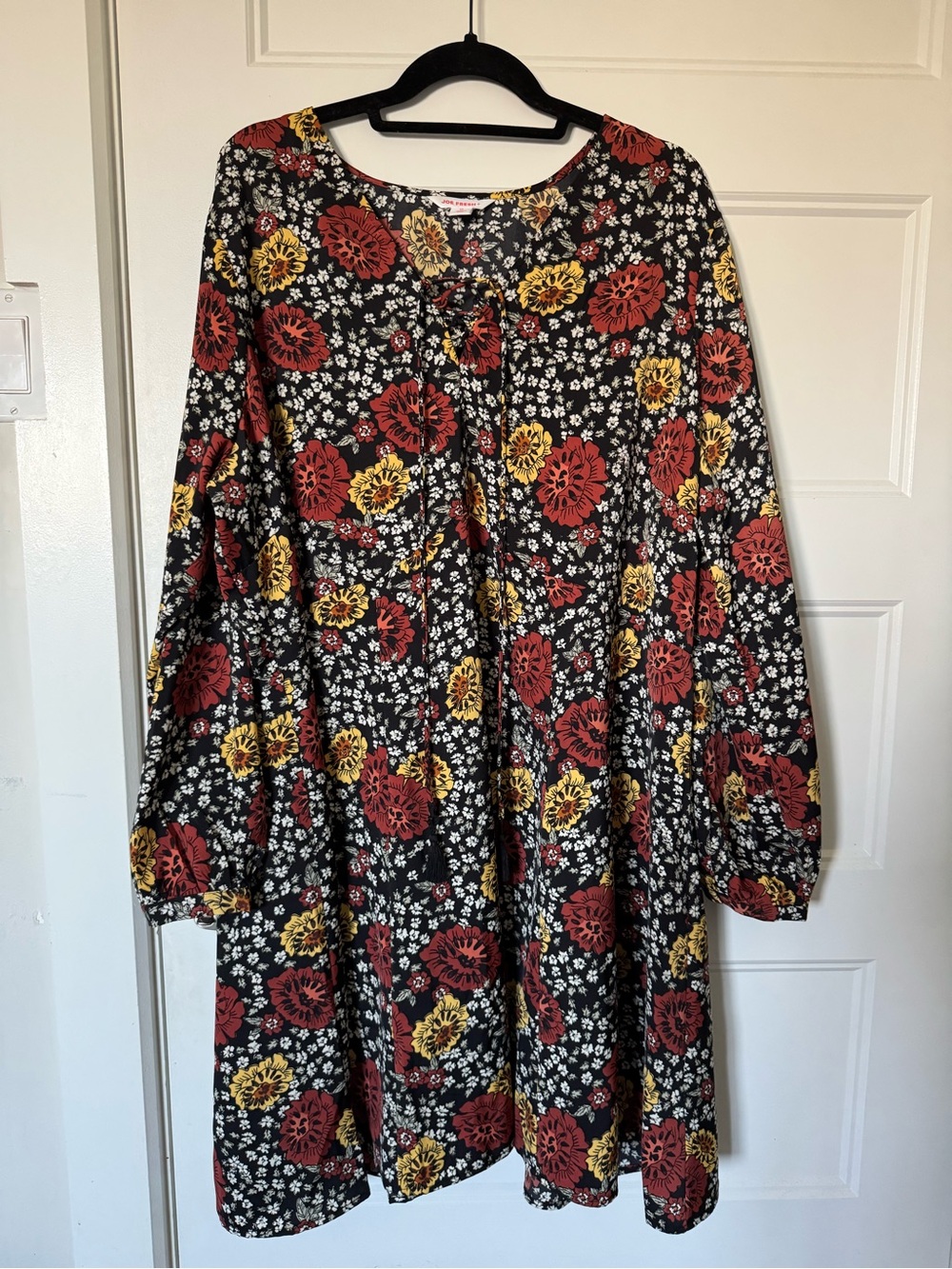 Black Floral Long-Sleeve Swing Dress with Red and Yellow flowers